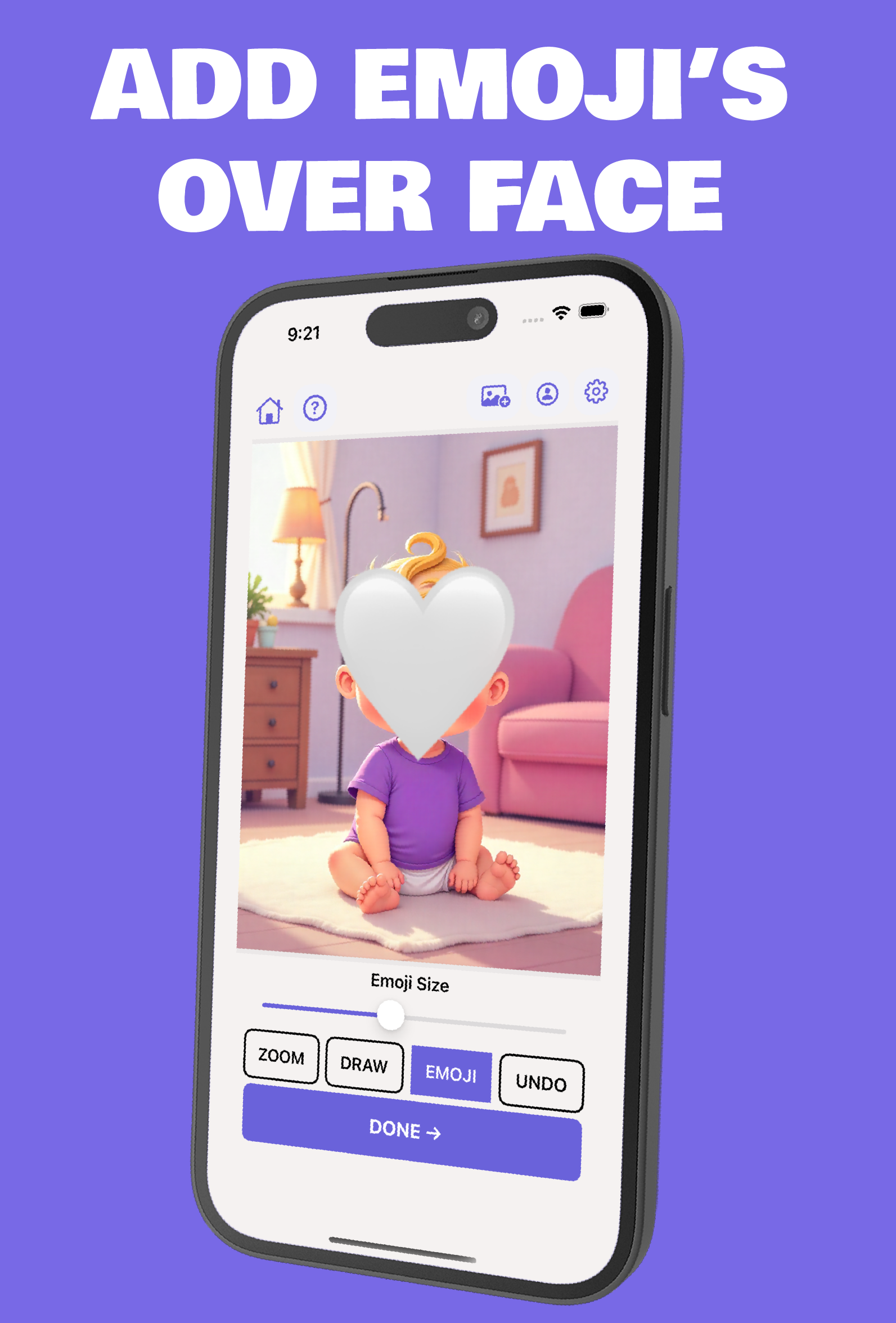 Blur Your Bub feature: add emojis over baby faces for privacy protection